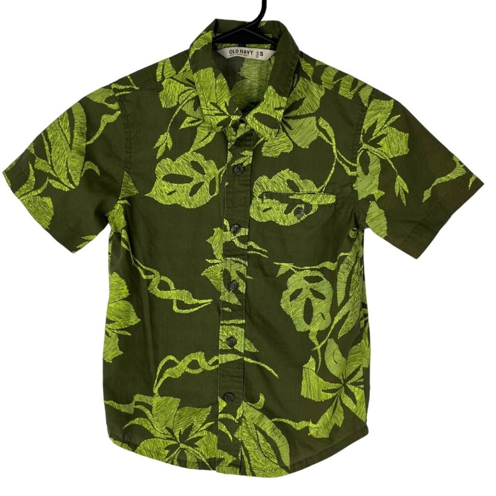 Old Navy Kids Hawaiian Shirt Boys Small Button Front Green Summer Casual